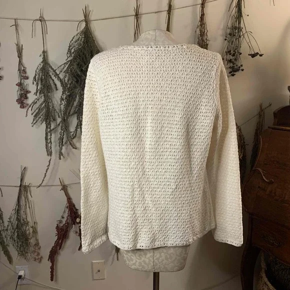 Pendleton White Knit Cardigan Cotton Linen Large Hook Eye Closure Crewneck - Picture 5 of 8